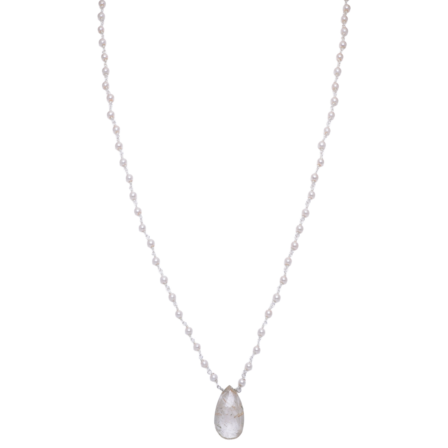 Gold Rutile quatz Gemstone With Pearl Chain White Rhodium Plating