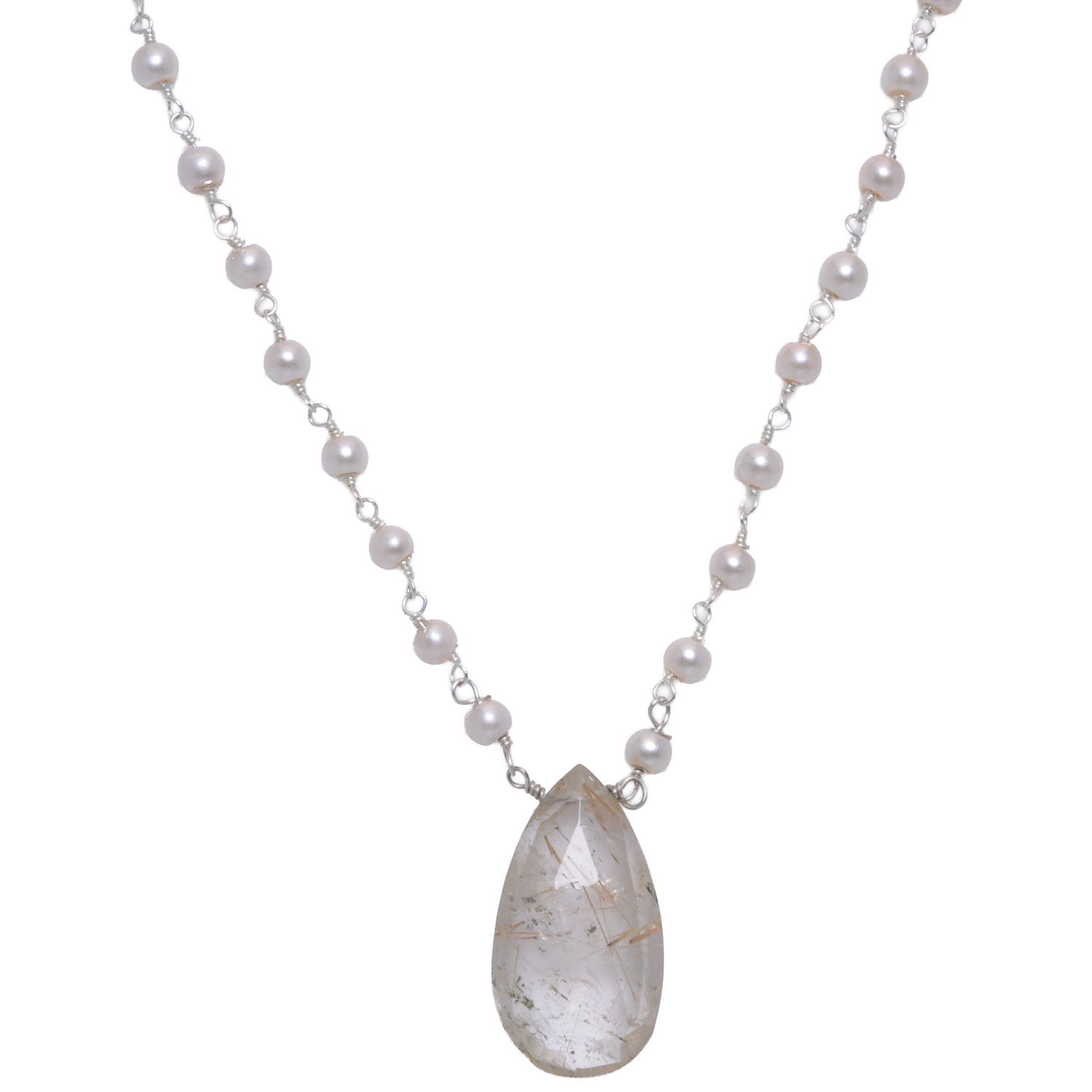 Gold Rutile quatz Gemstone With Pearl Chain White Rhodium Plating - Image 4