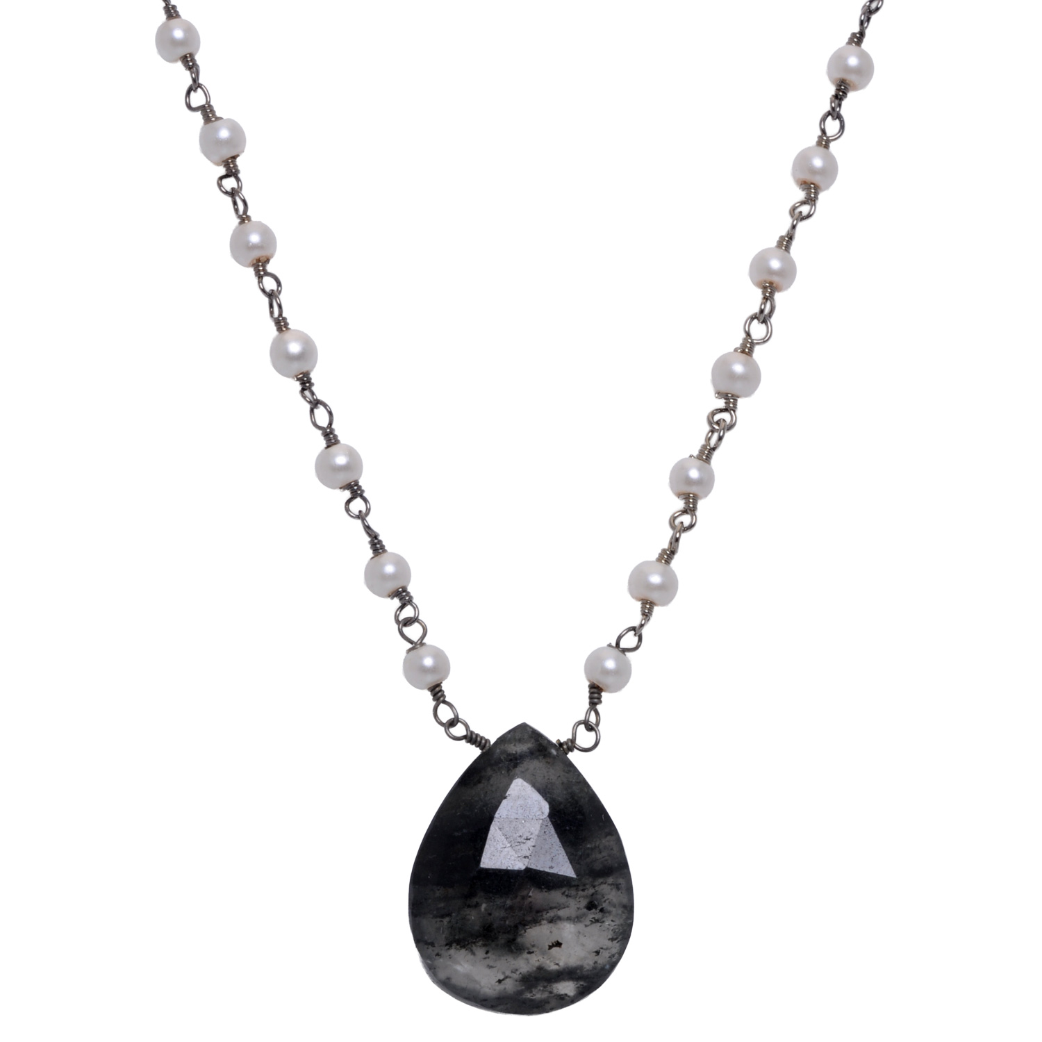 Rutile quatz Gemstone With Pearl Chain Black Rhodium Plating - Image 4