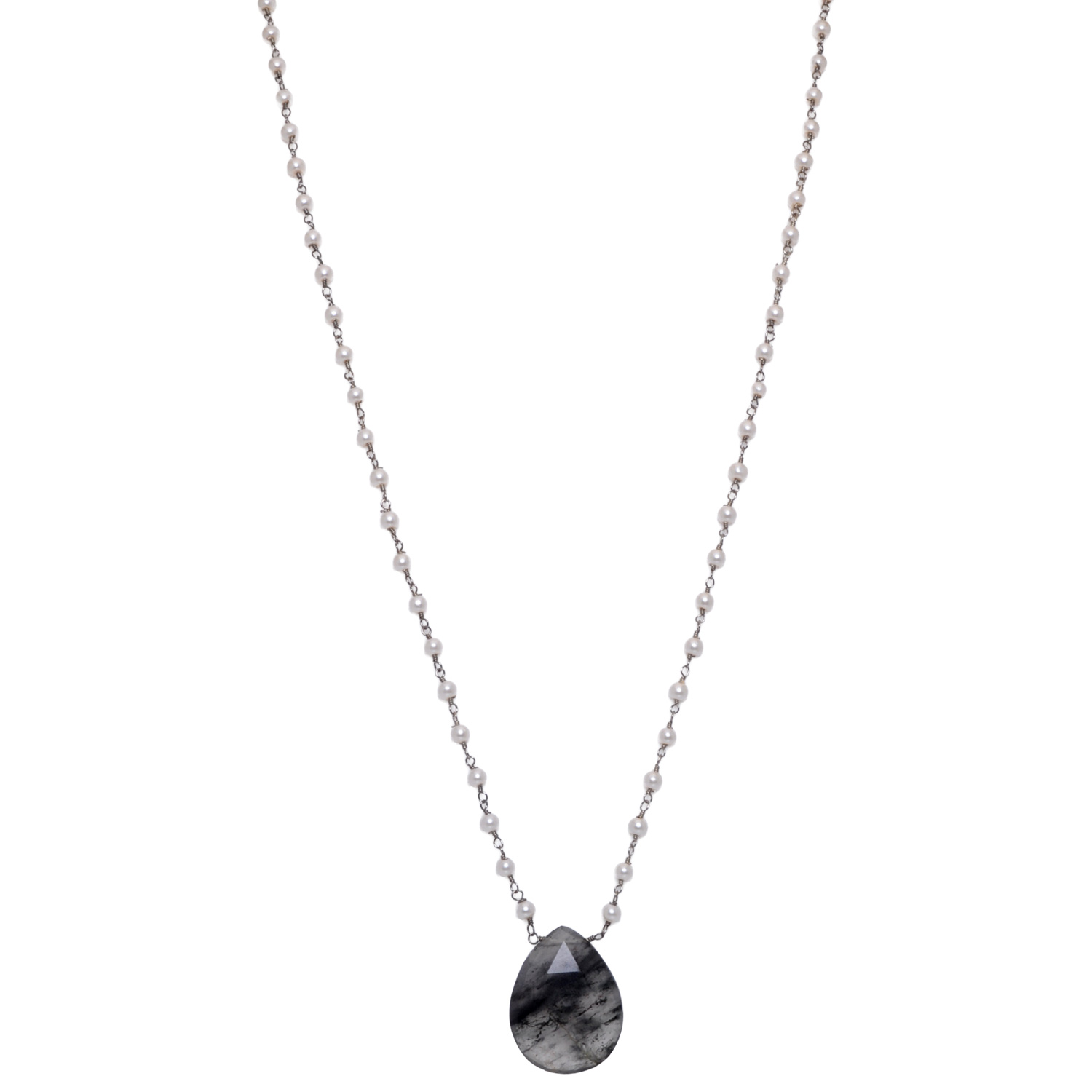 Rutile quatz Gemstone With Pearl Chain Black Rhodium Plating