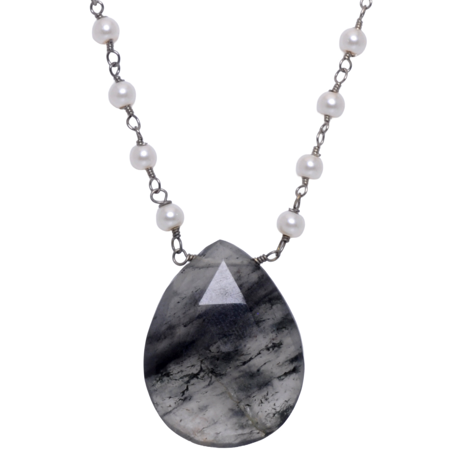 Rutile quatz Gemstone With Pearl Chain Black Rhodium Plating - Image 4