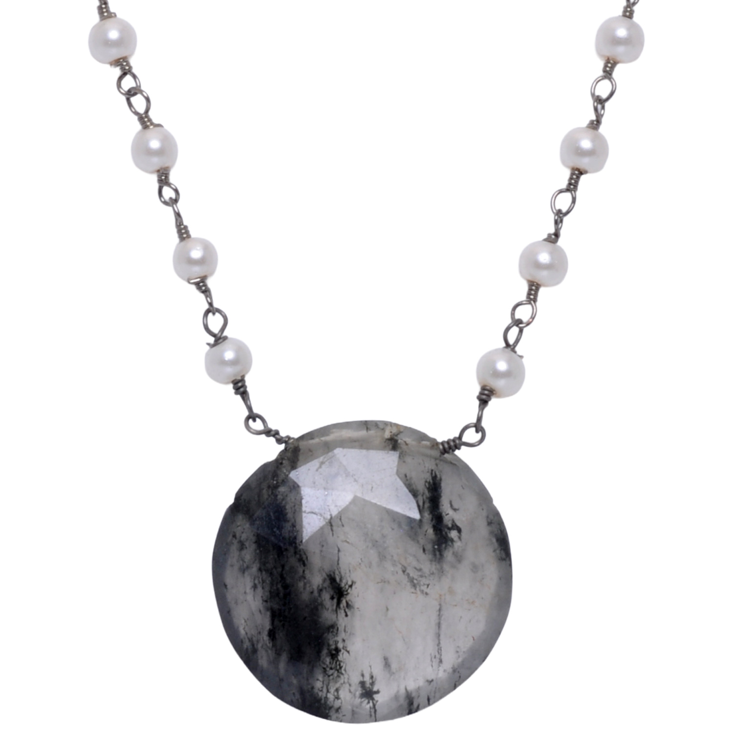 Rutile quatz Gemstone With Pearl Chain Black Rhodium Plating - Image 4