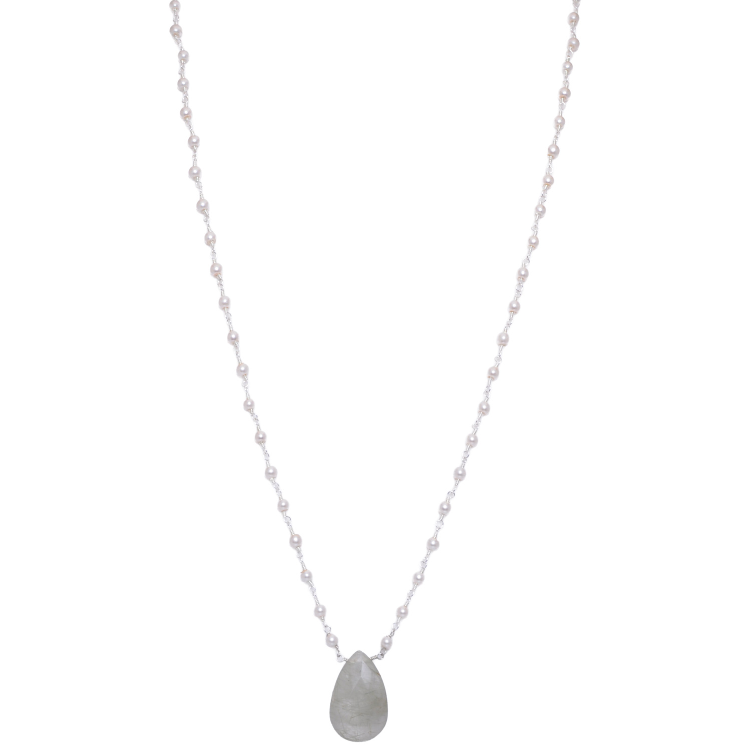 Rutile quatz Gemstone With Pearl Chain White Rhodium Plating