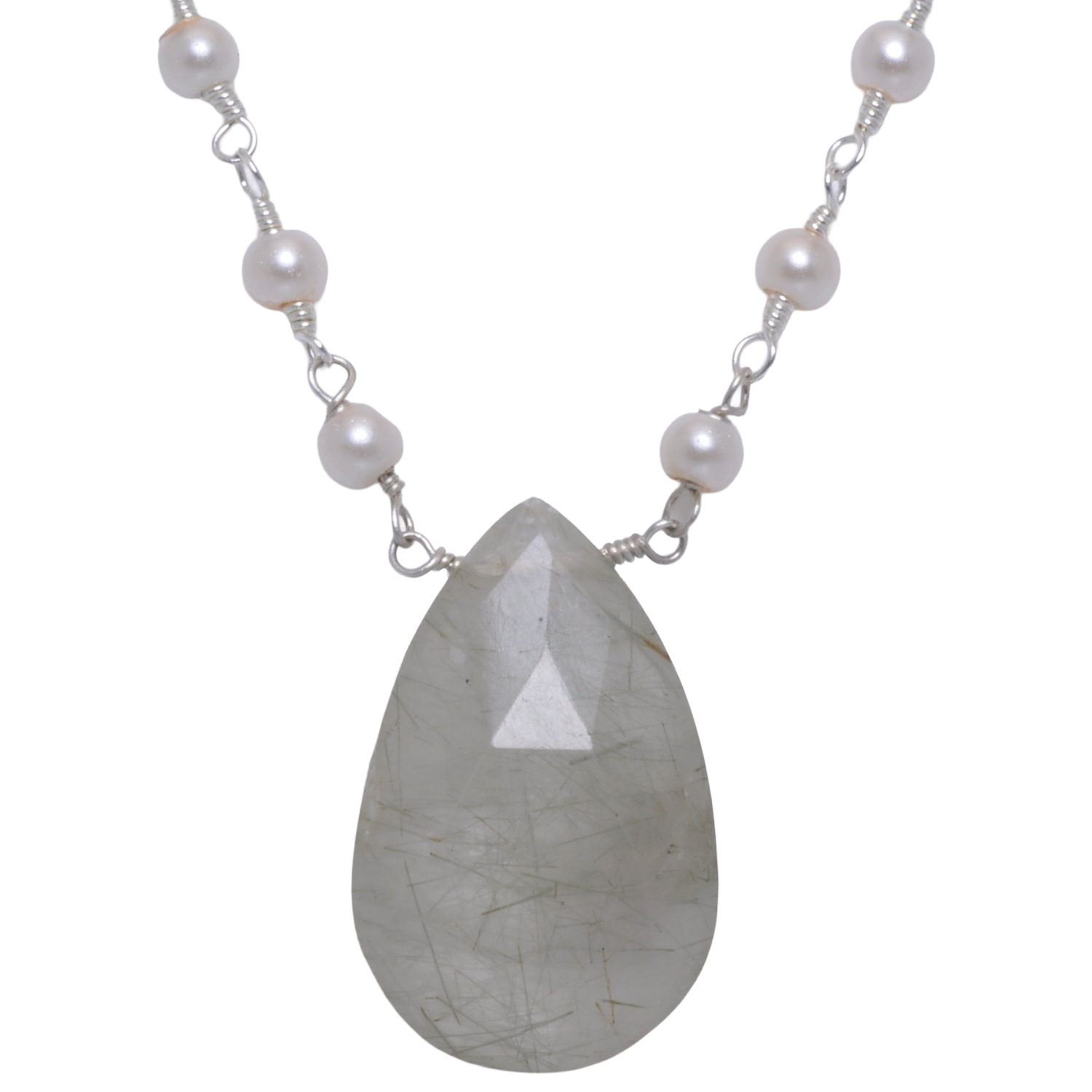 Rutile quatz Gemstone With Pearl Chain White Rhodium Plating - Image 4