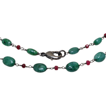 Ruby & Emerald Gemstone Bead Chain Knotted In .925 Sterling Silver (black Rhodium)