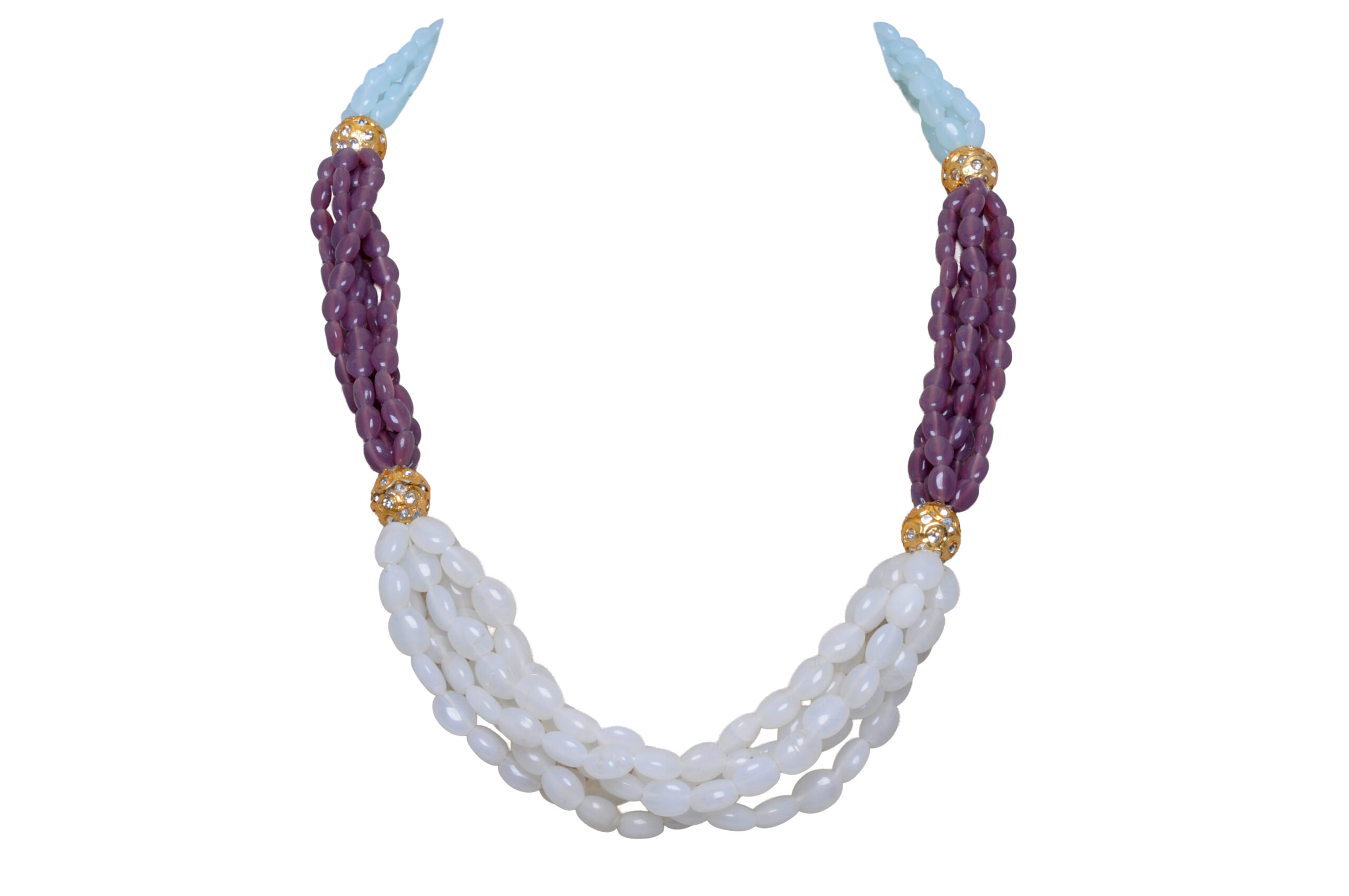 5 Rows Necklace of Moonstone, Lilac & Chalcedony Beads With jadau balls