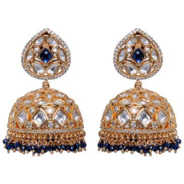 Blue Sapphire & Moissanite Studded Jhumki Style Gold Plated Earrings