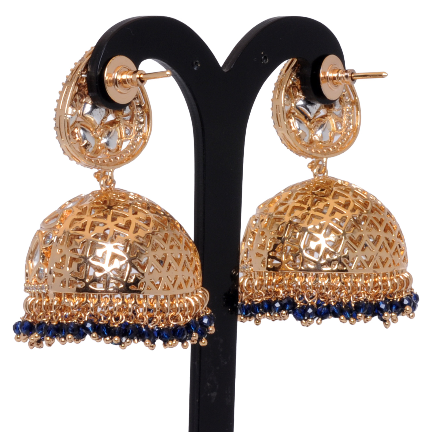 Blue Sapphire & Moissanite Studded Jhumki Style Gold Plated Earrings - Image 3