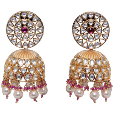 Pearl, Ruby & Moissanite Studded Jhumka Style Gold Plated Earrings