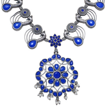 Lapis Color Stone studded Oxidised Long Necklace & Earrings