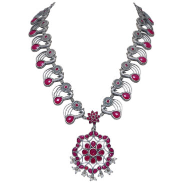 Gehna Jaipur Ruby Color Stone Studded Oxidised Long Necklace & Earrings For Girls & Women GN-1589