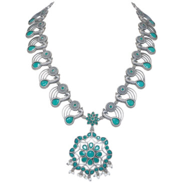 Emerald Color Stone studded Oxidised Long Necklace & Earrings