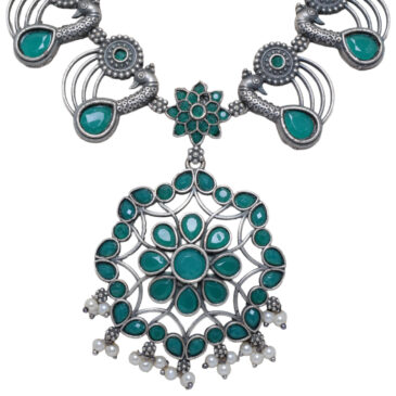 Emerald Color Stone studded Oxidised Long Necklace & Earrings
