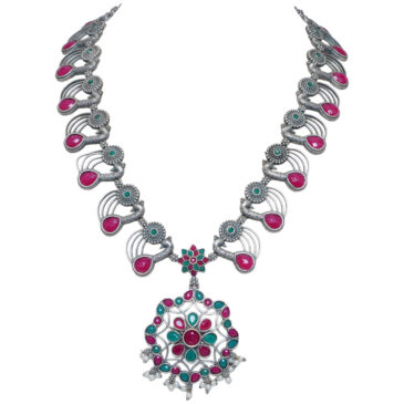 ruby & Emerald Color Stone studded Oxidised Long Necklace & Earrings