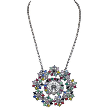 Multicolor Stone studded Oxidised Long Necklace & Earrings