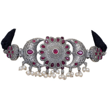 Ruby Color Stone studded Oxidised Choker Necklace & Earrings