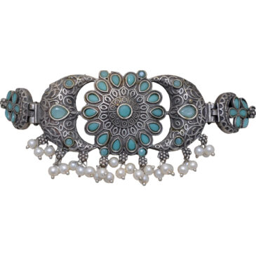Aquamarine Color Stone studded Oxidised Choker Necklace & Earrings