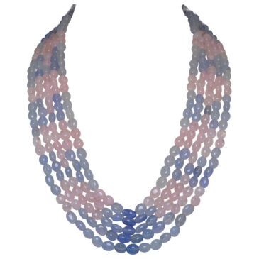5 Rows Neklace Of Rose Quartz & Blue Chalcedony Gemstone Beads