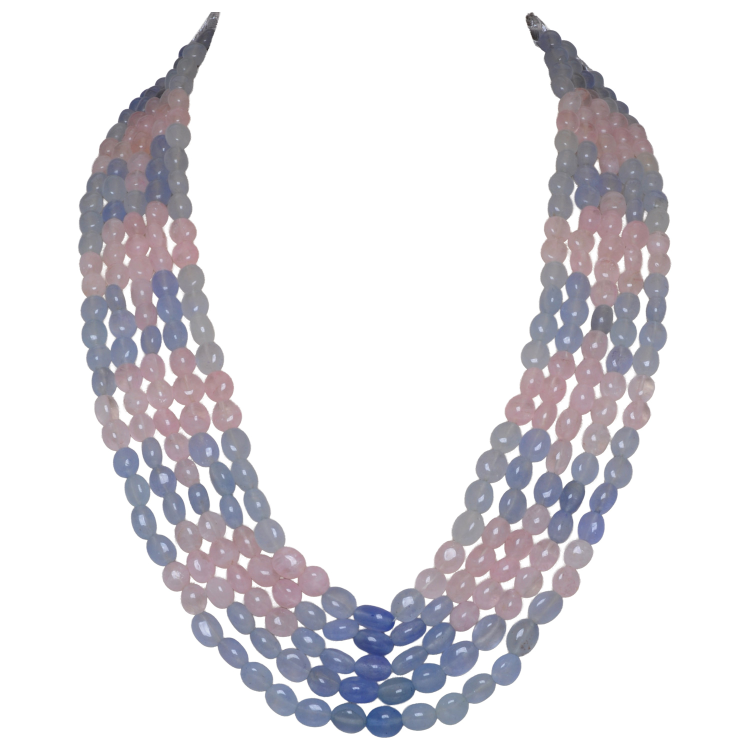 5 Rows Neklace Of Rose Quartz & Blue Chalcedony Gemstone Beads