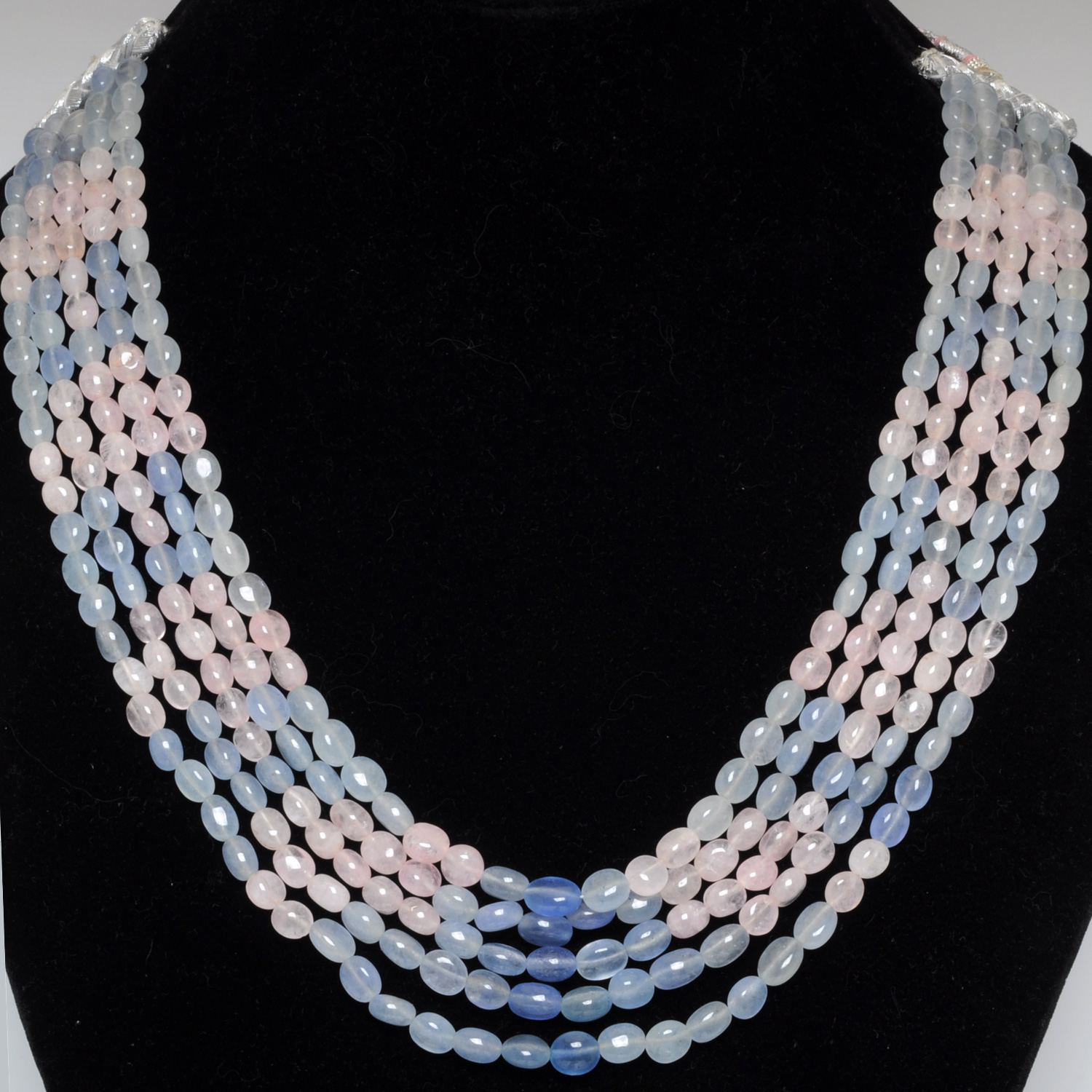 5 Rows Neklace Of Rose Quartz & Blue Chalcedony Gemstone Beads - Image 3