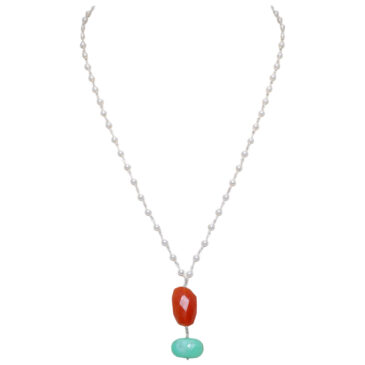 Chrysoprase & Carnelian Gemstone With Pearl Chain White Rhodium Plating