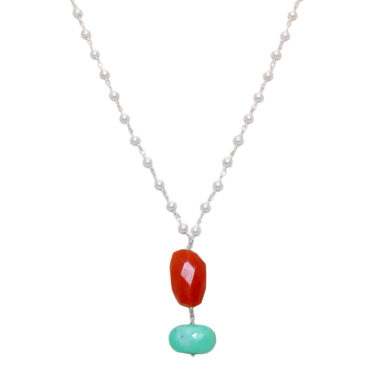 Chrysoprase & Carnelian Gemstone With Pearl Chain White Rhodium Plating