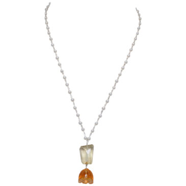 Lemon Topaz & Citrine Gemstone With Pearl Chain White Rhodium Plating