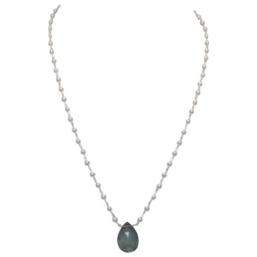 Aquamarine Gemstone With Pearl Chain White Rhodium Plating