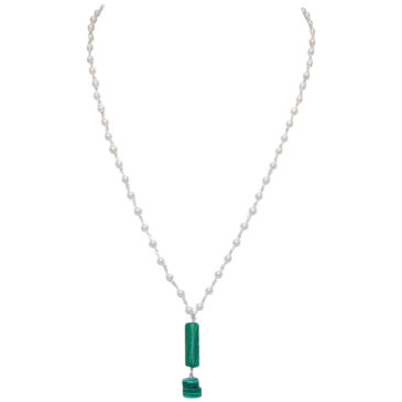 Malachite Gemstone With Pearl Chain White Rhodium Plating