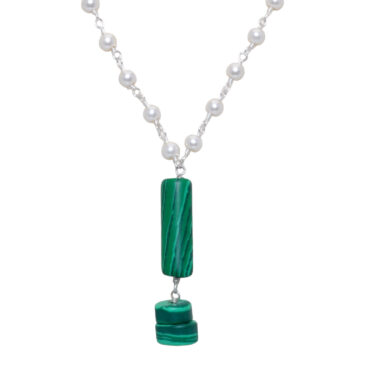 Malachite Gemstone With Pearl Chain White Rhodium Plating