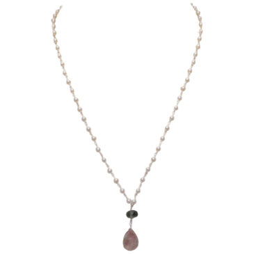 Pink Amethyst & Aquamarine Gemstone With Pearl Chain White Rhodium Plating