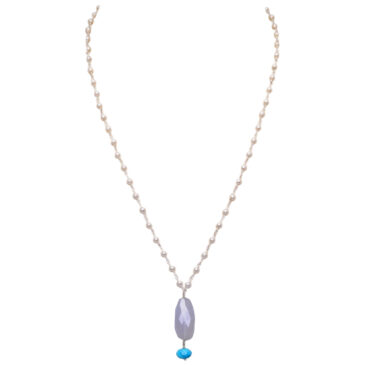 Chalcedony & Turquoise Gemstone With Pearl Chain White Rhodium Plating