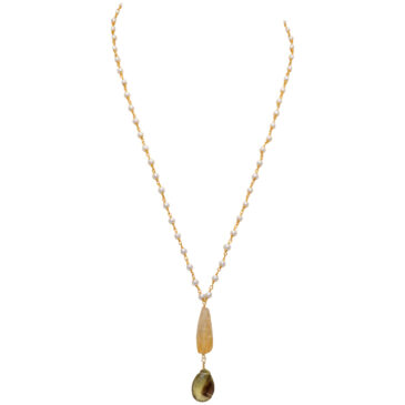 Lemon Topaz & Citrine Gemstone With Pearl Chain Gold Rhodium Plating