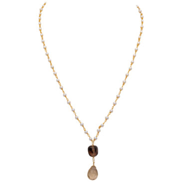 Citrine & Smoky Gemstone With Pearl Chain Gold Rhodium Plating
