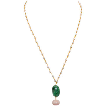 Pink Opal & Emerald Gemstone With Pearl Chain Gold Rhodium Plating