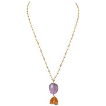 Citrine & Amethyst Gemstone With Pearl Chain Gold Rhodium Plating
