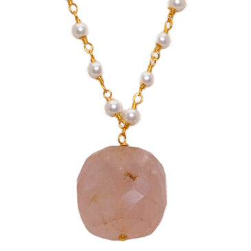 Morganite Gemstone With Pearl Chain Gold Rhodium Plating