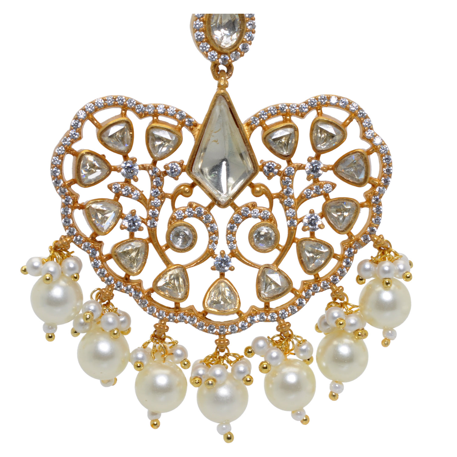 Pearl & Moissanite Studded Maang Tikka Or Forehead Ornament In Silver - Image 2