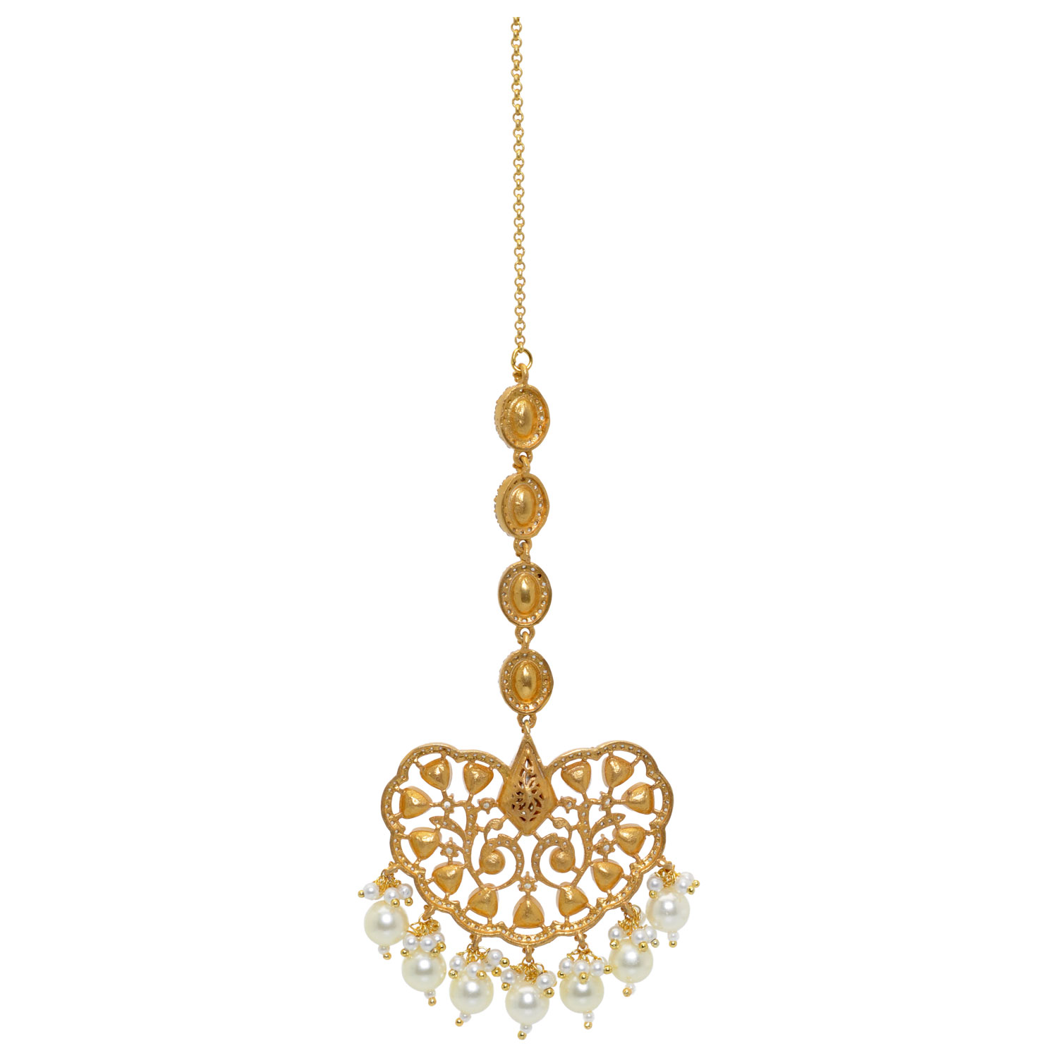 Pearl & Moissanite Studded Maang Tikka Or Forehead Ornament In Silver - Image 3