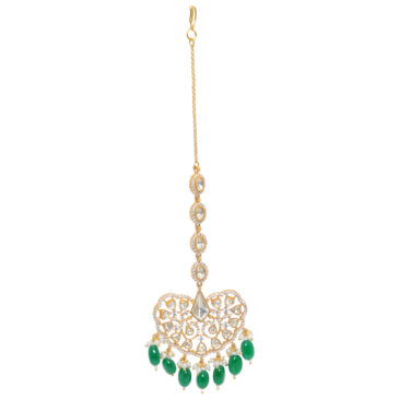 Emerald & Moissanite Studded Maang Tikka Or Forehead Ornament In Silver