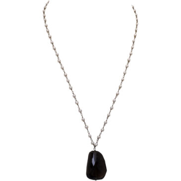 Smoky Gemstone With Pearl Chain Black Rhodium Plating
