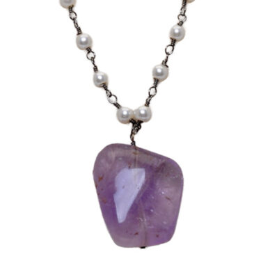 Amethyst Gemstone With Pearl Chain Black Rhodium Plating