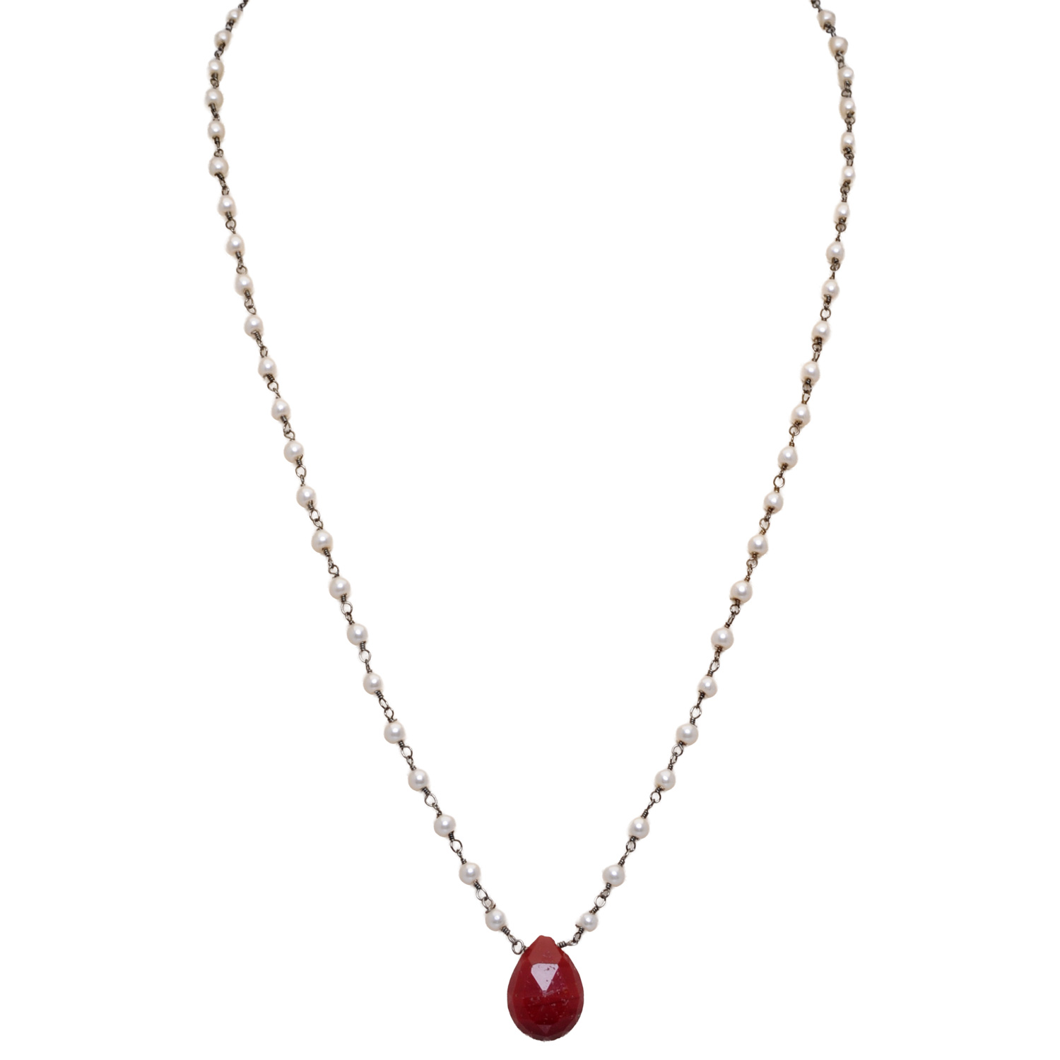 Ruby Gemstone With Pearl Chain Black Rhodium Plating