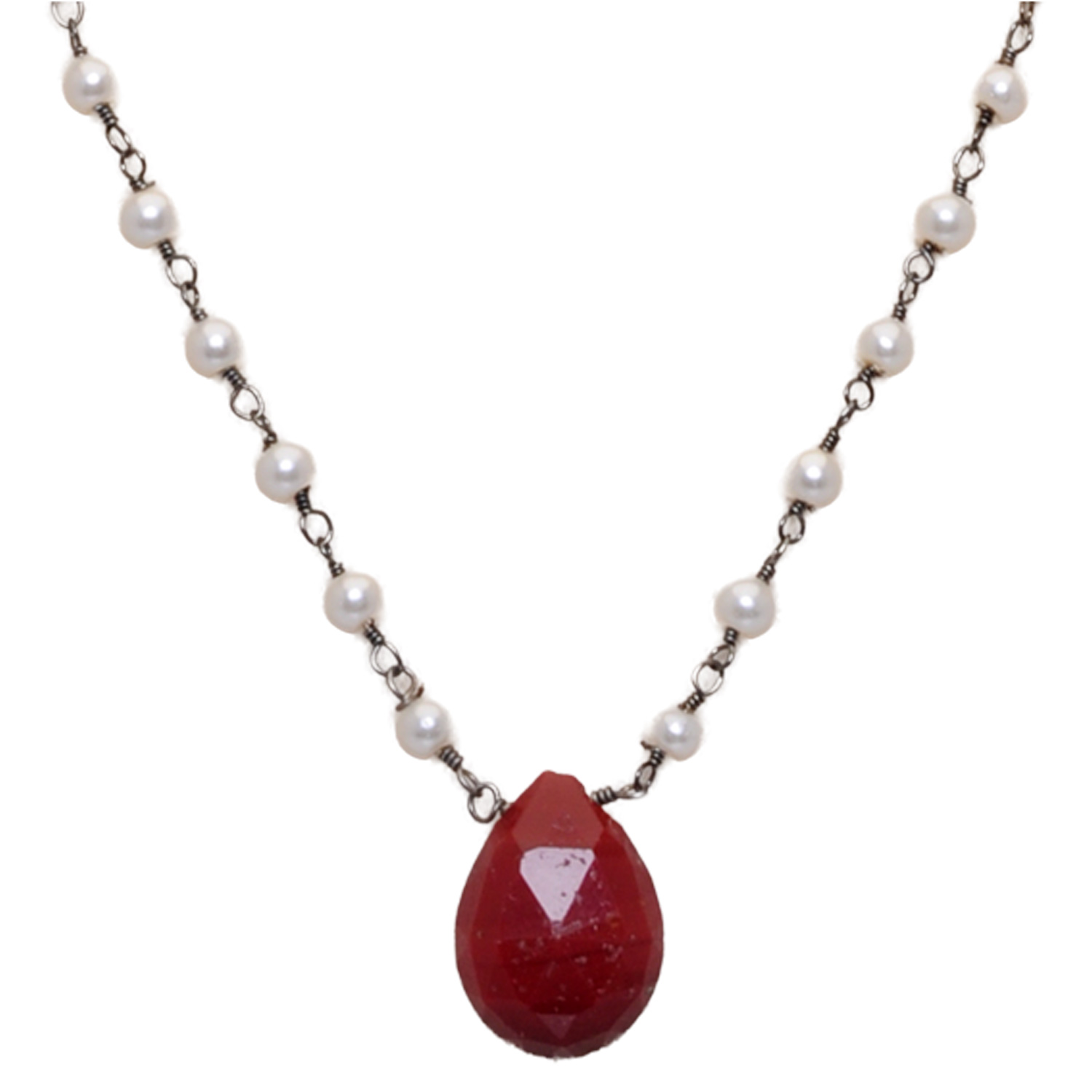 Ruby Gemstone With Pearl Chain Black Rhodium Plating - Image 2