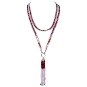 Rose Quartz And Ruby-Colored Zircon Bead Necklace For Women