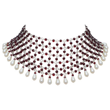 Pearl & Garnet Color Cubic Zirconia Beads Necklace (Silver)