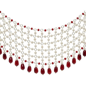 Pearl & Ruby Color Cubic Zirconia Beads Necklace (Silver)