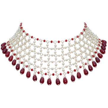 Pearl & Ruby Color Cubic Zirconia Beads Necklace (Silver)
