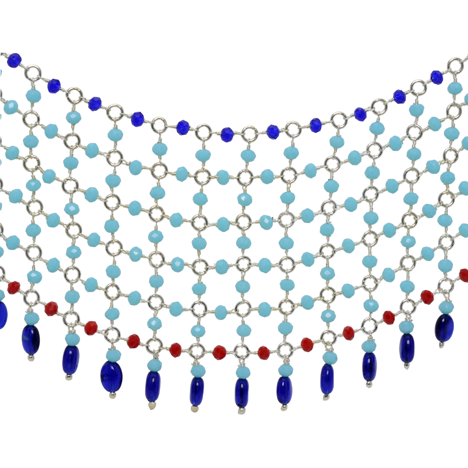 Blue Chalcedony & Lapis Lazuli Color Cubic Zirconia Beads Necklace (Silver)