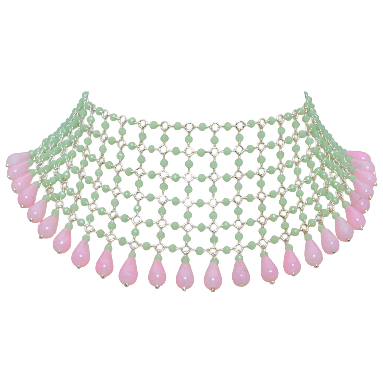 Rose Quartz & Chalcedony Color Cubic Zirconia Beads Necklace (Silver) - Image 6